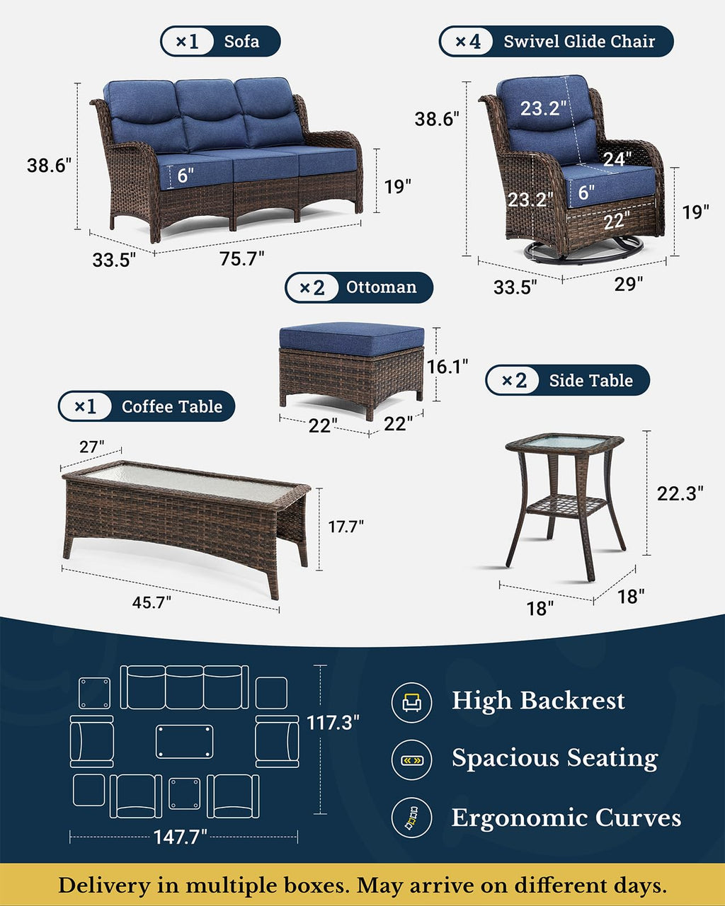 Luxury Patio Furniture Set with 6-inch Thick Cushion, Outdoor Couch and High Back Swivel Rocker Patio Chairs, 10PCS Wicker Conversation Set for Deck Yard and Poolside, Blue (V2)
