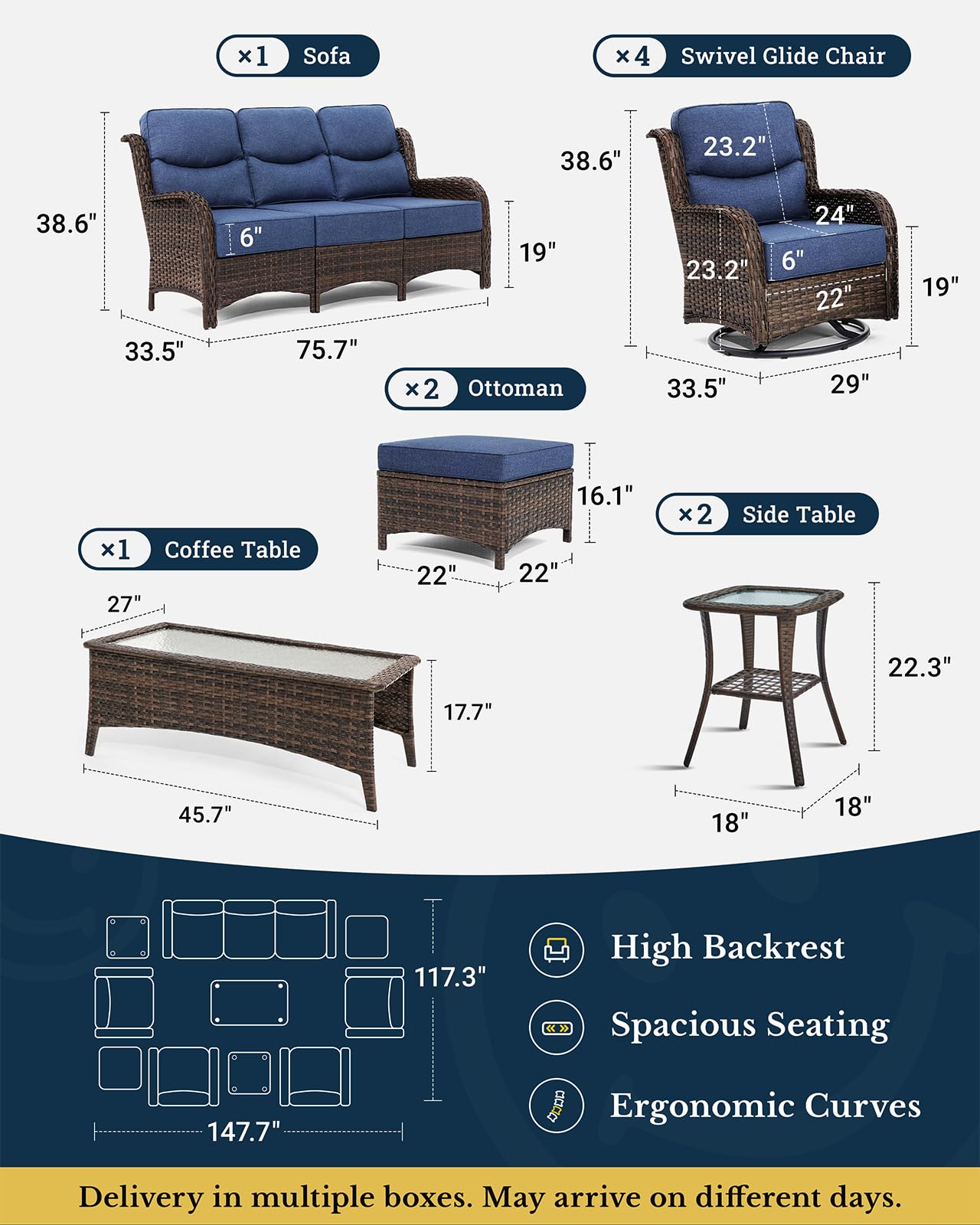 Luxury Patio Furniture Set with 6-inch Thick Cushion, Outdoor Couch and High Back Swivel Rocker Patio Chairs, 10PCS Wicker Conversation Set for Deck Yard and Poolside, Blue (V2)