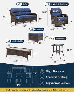 Luxury Patio Furniture Set with 6-inch Thick Cushion, Outdoor Couch and High Back Swivel Rocker Patio Chairs, 10PCS Wicker Conversation Set for Deck Yard and Poolside, Blue (V2)