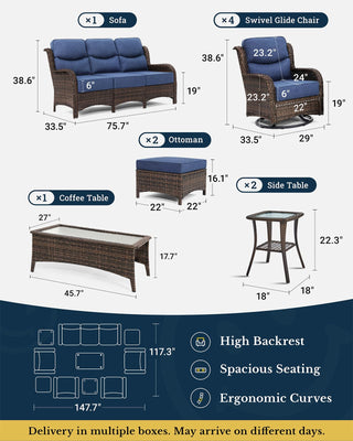 Luxury Patio Furniture Set with 6-inch Thick Cushion, Outdoor Couch and High Back Swivel Rocker Patio Chairs, 10PCS Wicker Conversation Set for Deck Yard and Poolside, Blue (V2)