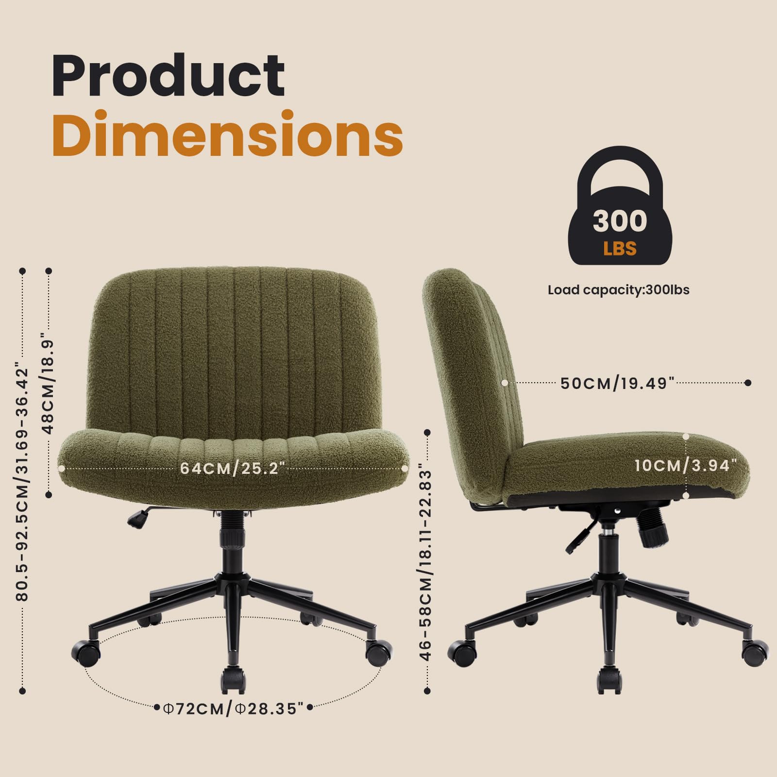 Criss Cross Chair Cross Legged Office Chair with Wheels Armless Wide Seat Desk Chairs Height Adjustable Computer Task Chairs Swivel Vanity Chair for Home Office Bedroom Make Up Small Space Green