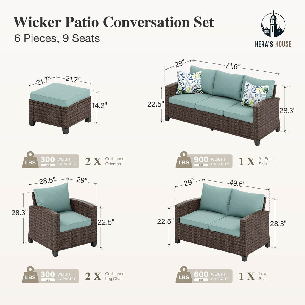Wicker Patio Furniture Set, Outdoor Sectional Conversation Sets, 6 Pieces 9 Seats Waterproof Deck Backyard Lawn Furniture, Blue