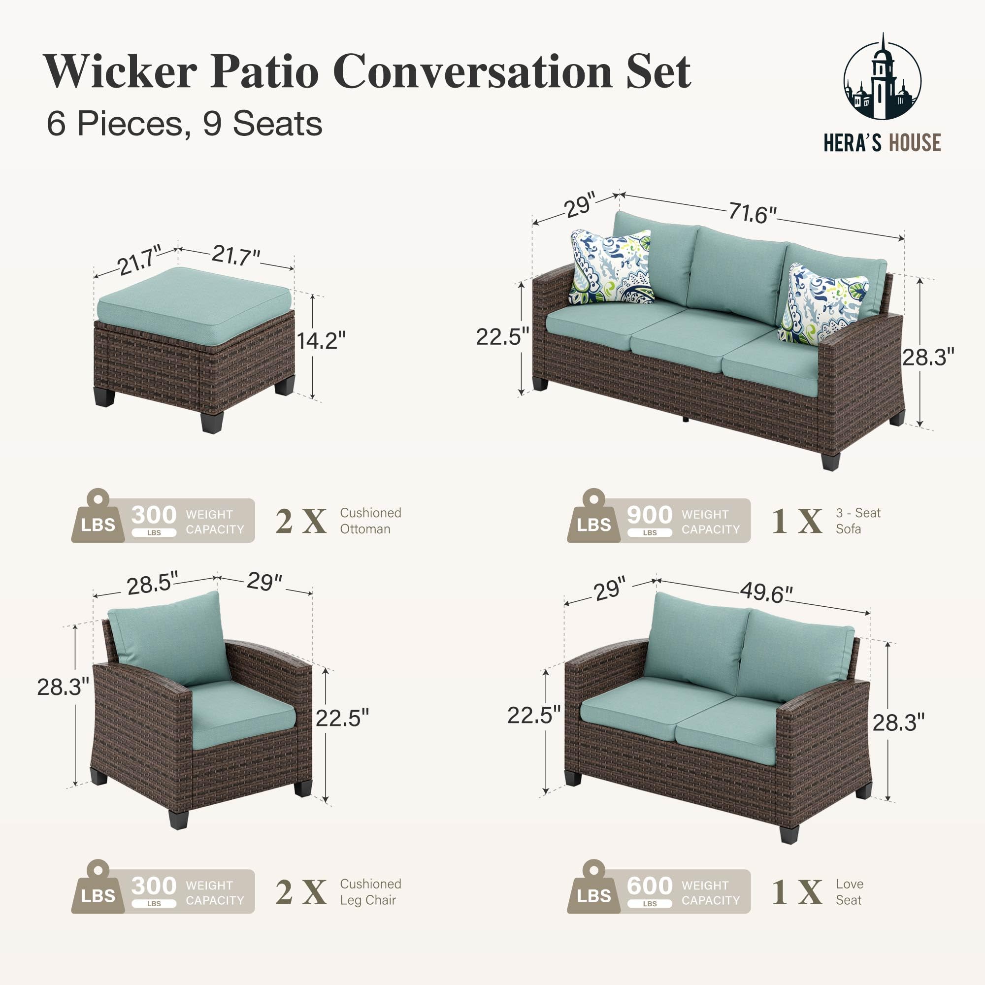 Wicker Patio Furniture Set, Outdoor Sectional Conversation Sets, 6 Pieces 9 Seats Waterproof Deck Backyard Lawn Furniture, Blue