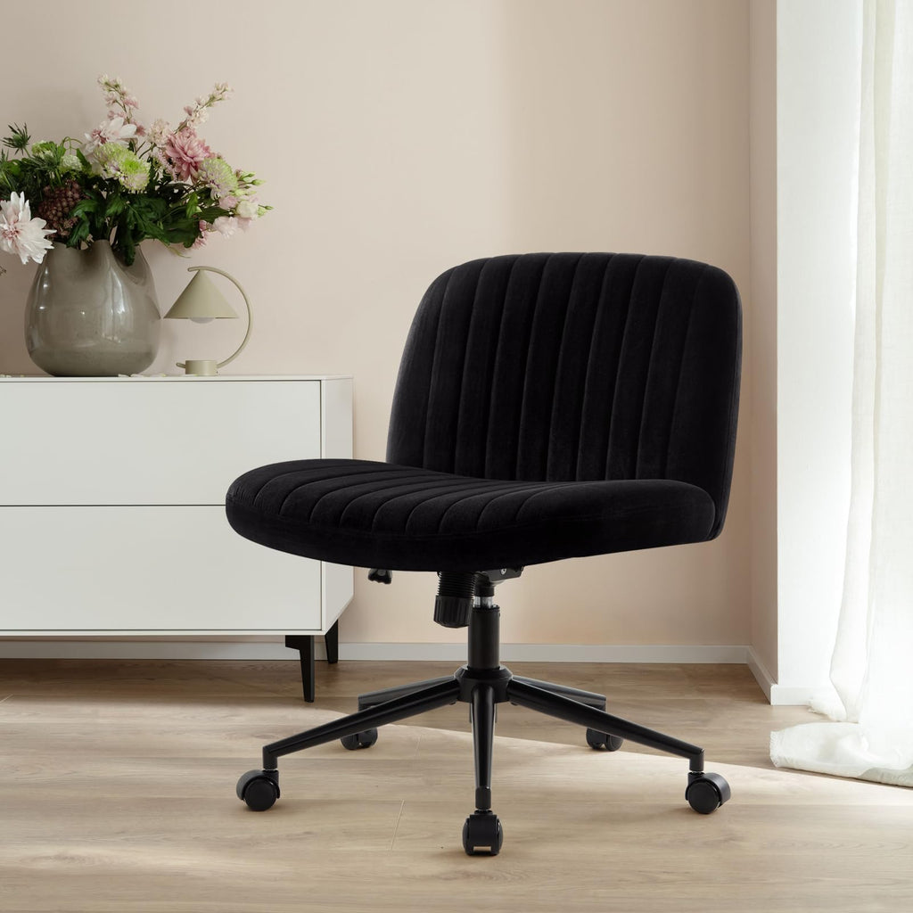 Criss Cross Chair Cross Legged Office Chair with Wheels Armless Wide Seat Desk Chairs Height Adjustable Computer Task Chairs Swivel Vanity Chair for Home Office Bedroom Make Up Small Space Black