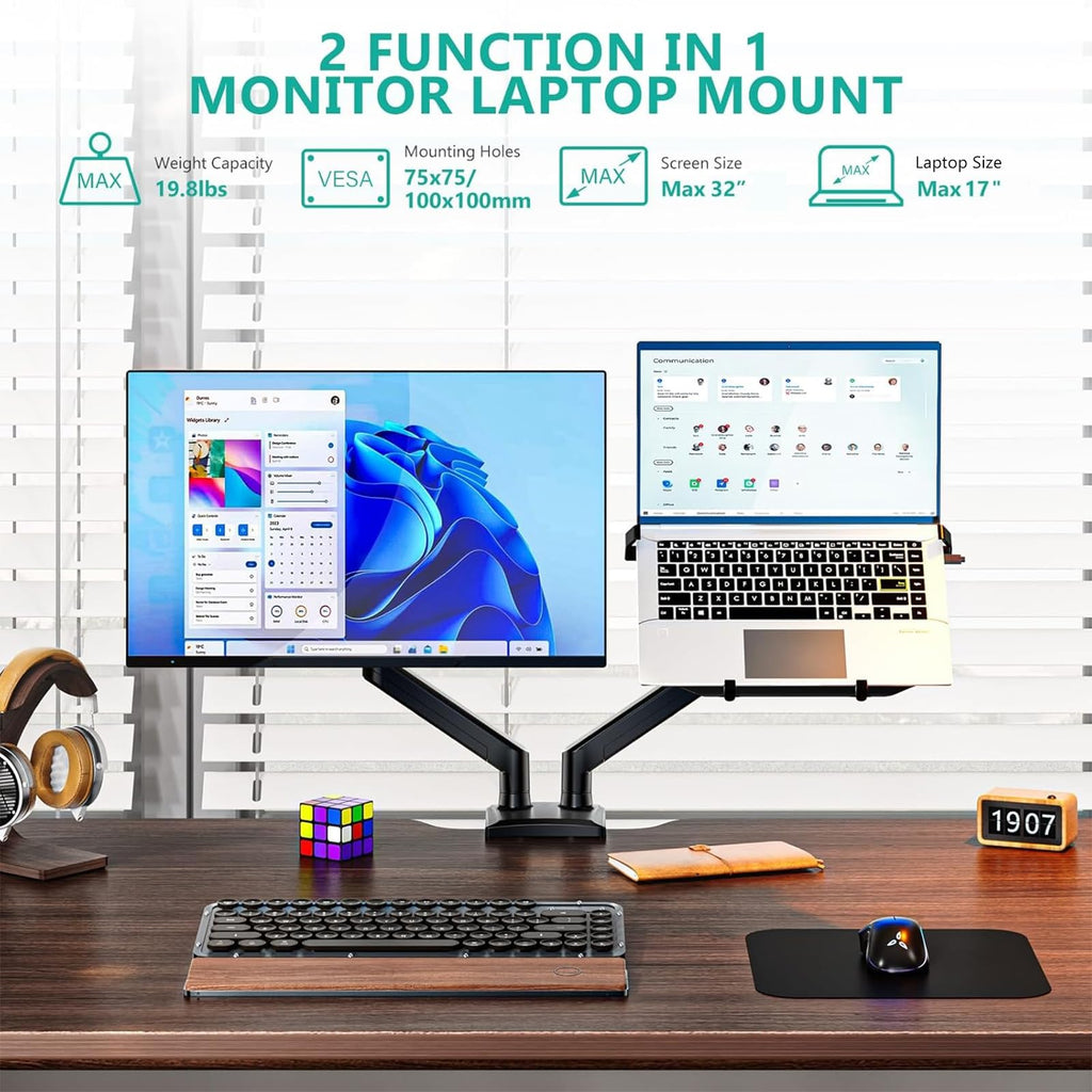 Laptop Desk Mount, Dual Monitor Arm with Laptop Holder, Adjustable Height Laptop Arm Mount for Desk, Fits 17” Notebook and 32” Monitors, Up to 22Lbs (GSMP002LP), Black