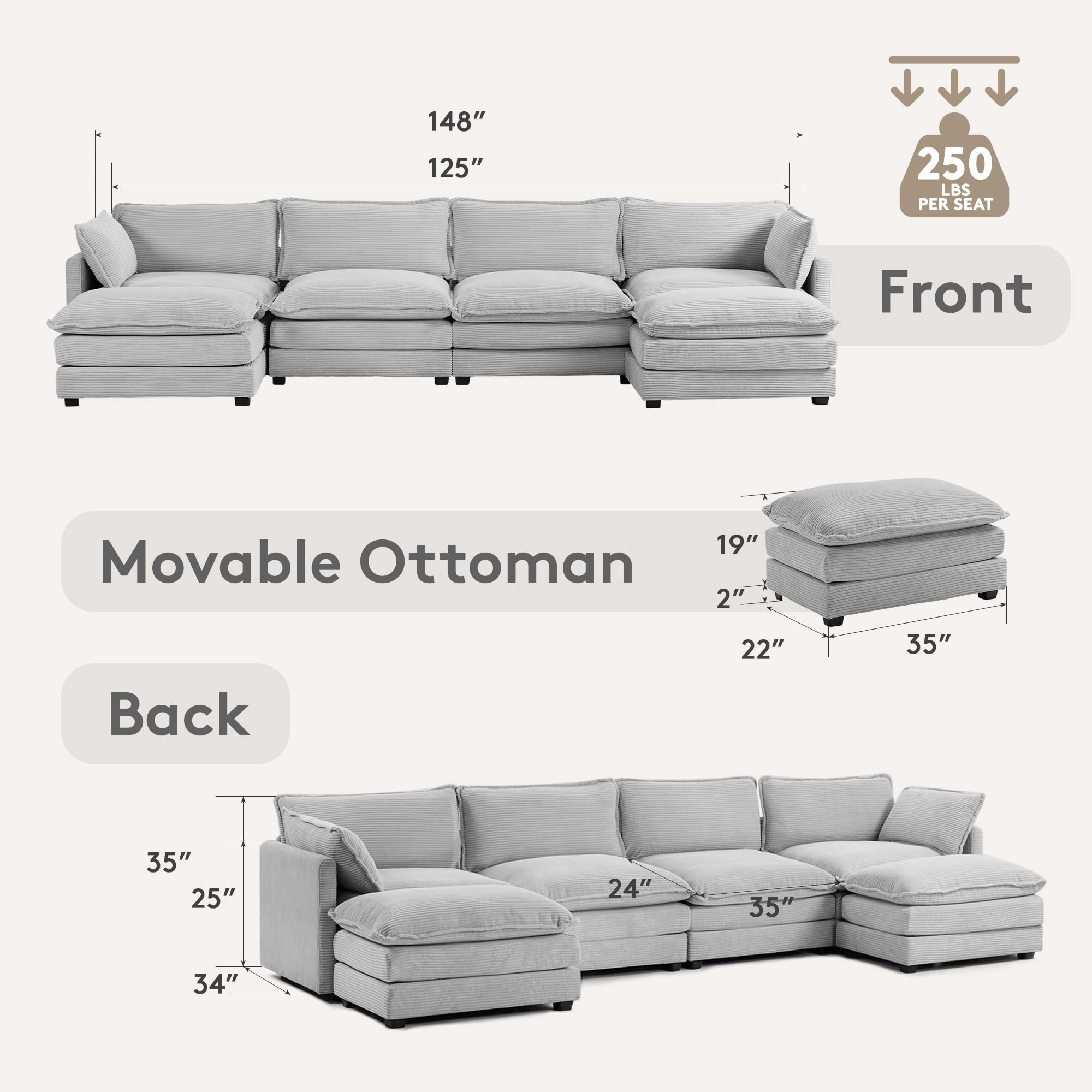148'' Sectional Cloud Couch with 2 Ottomans, Oversized 4 Seat Sleeper Sofa with 2 Throw Pillows, Convertible Upholstered U Shaped Cozy Sofa Furniture Set for Living Room and Office, Light Grey