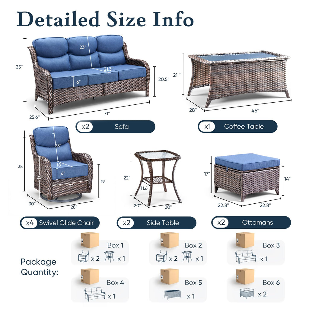 Luxury 6" Thick Cushioned 11 Pieces Patio Furniture Set with Outdoor Couch, Wicker Outdoor Conversation Set with High Back Swivel Rocker Chairs for Deck Porch Yard and Poolside - Brown+Blue
