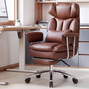 Executive Home Office Desk Chair - Ergonomic Big Tall High Back with Footrest & Lumbar Support, Reclining Height Adjustable, Comfy PU Leather Computer Gaming with Swivel Wheels, Brown