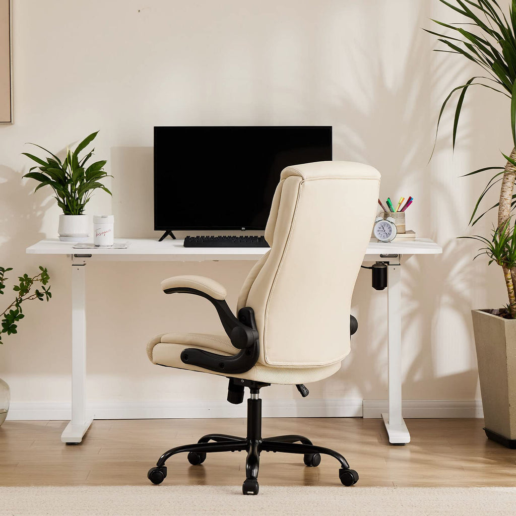 Set of 2, Ergonomic Computer Gaming Office Chair, Heavy Duty Task Desk Swivel Rolling Chairs with Wheels, Flip-up Arms, Adjustable Height, PU Leather,Cream White