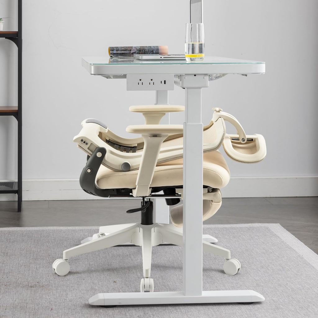 Foldable Office Chair with Foot Rest, Ergonomic Office Chair with Adjustable Lumbar Support, Headrest, Armrest, Home Office Desk Chair for Space Saving, Work from Home, Cream
