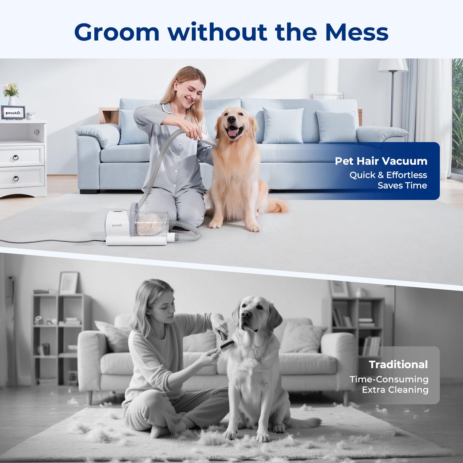 Dog Grooming Vacuum, 4-in-1 Pet Grooming Kit with Clipper, Brush, 12000Pa Dog Vacuum for Shedding with 1.5L Dust Cup, Storage Pocket, Low Noise Pet Vacuum for Dog & Cat, Home Grooming