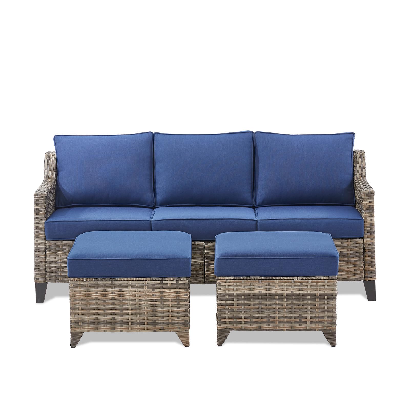 Buenhomino 3 Pieces Patio Furniture Sofa Set-Outdoor Wicker Patio Furniture Covered Couch with Multifunctional Ottoman and All-Weather Patio Conversation Set for Backyard Porch Garden Grey/Blue