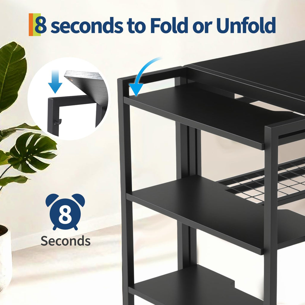 35 inch Folding Desk Writing Computer Desk with Storage Shelf,Spaces Saving Writing Sturdy Table No Assembly,for for Bedroom, Home Office, Dorm, Apartment, Black
