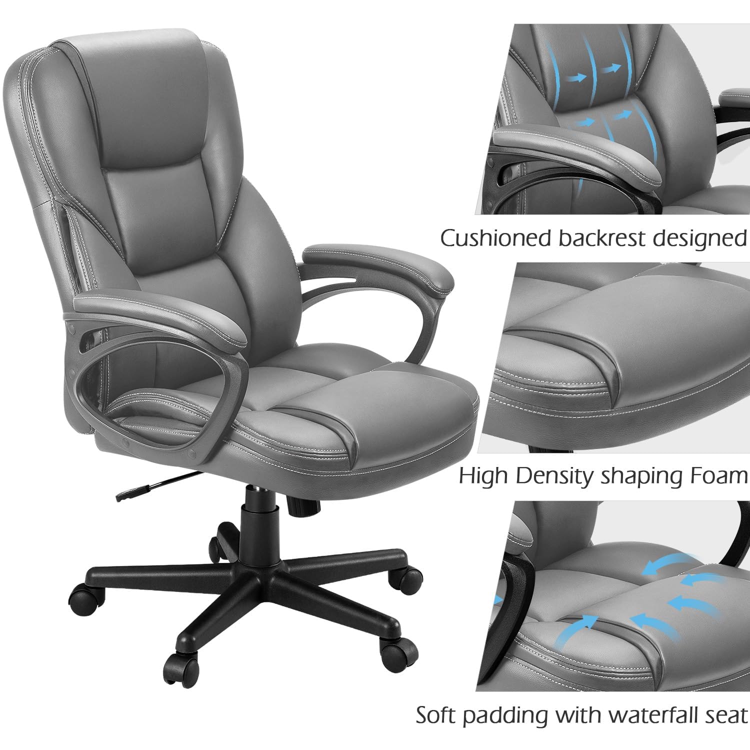 Office Executive Chair High Back Adjustable Managerial Home Desk Chair, Swivel Computer PU Leather Chair with Lumbar Support (2, Gray)
