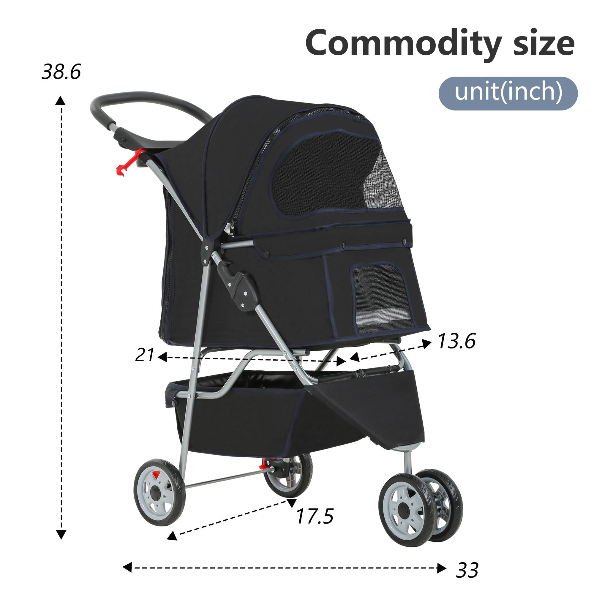 Pet Stroller 3-Wheel Durable Foldable Cat Dog Stroller with Washable Liner Storage Basket Cup Holder,Black