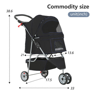Pet Stroller 3-Wheel Durable Foldable Cat Dog Stroller with Washable Liner Storage Basket Cup Holder,Black