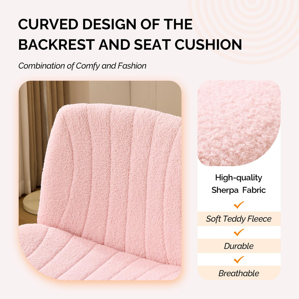 Criss Cross Legged Chair,Wide Comfy Office Desk Chair,Dual-Use with/no Wheels Computer Task Chair,Swivel Armless Vanity Boucle Chair for Study,Make Up,Home Office,Teddy Fleece,Pink
