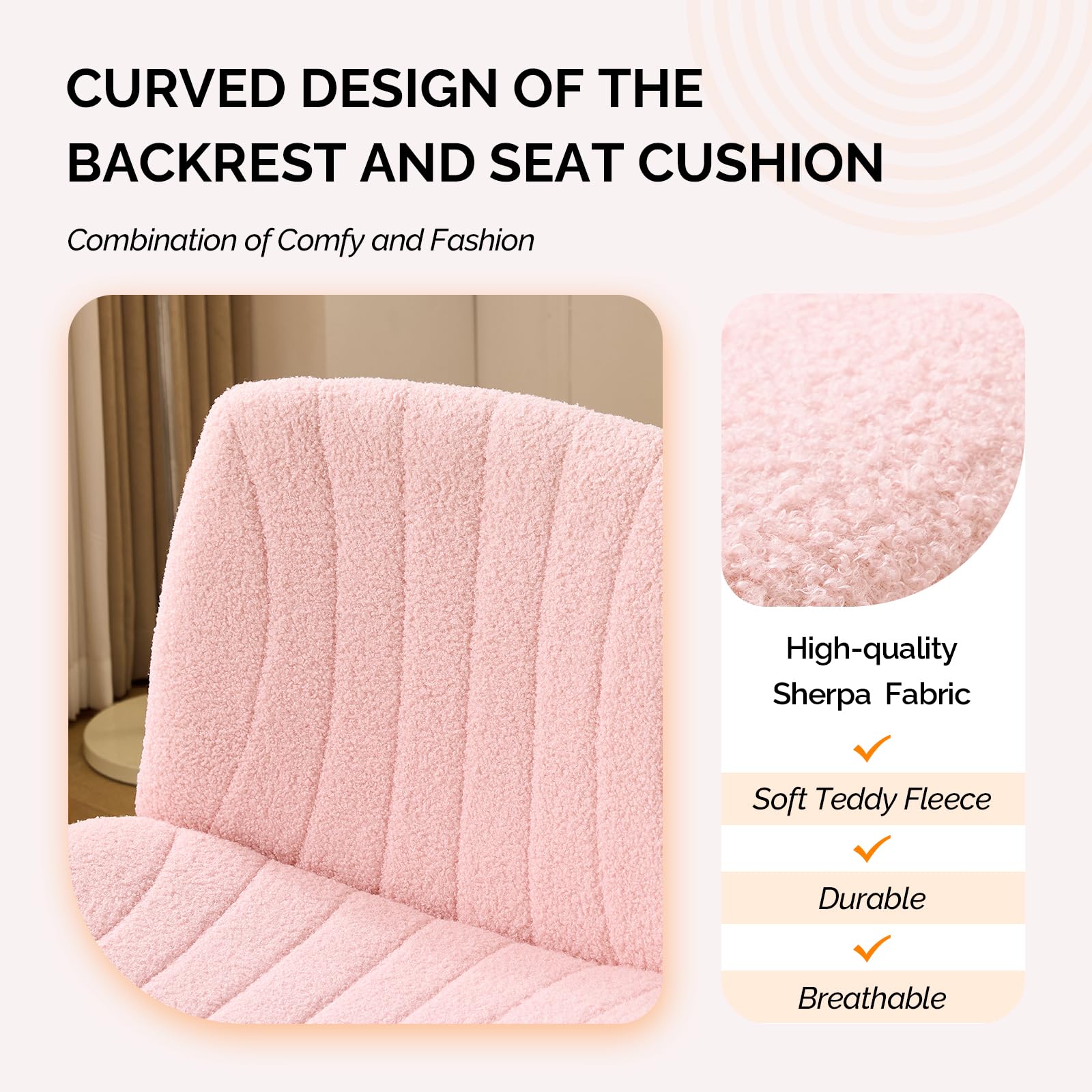 Criss Cross Legged Chair,Wide Comfy Office Desk Chair,Dual-Use with/no Wheels Computer Task Chair,Swivel Armless Vanity Boucle Chair for Study,Make Up,Home Office,Teddy Fleece,Pink