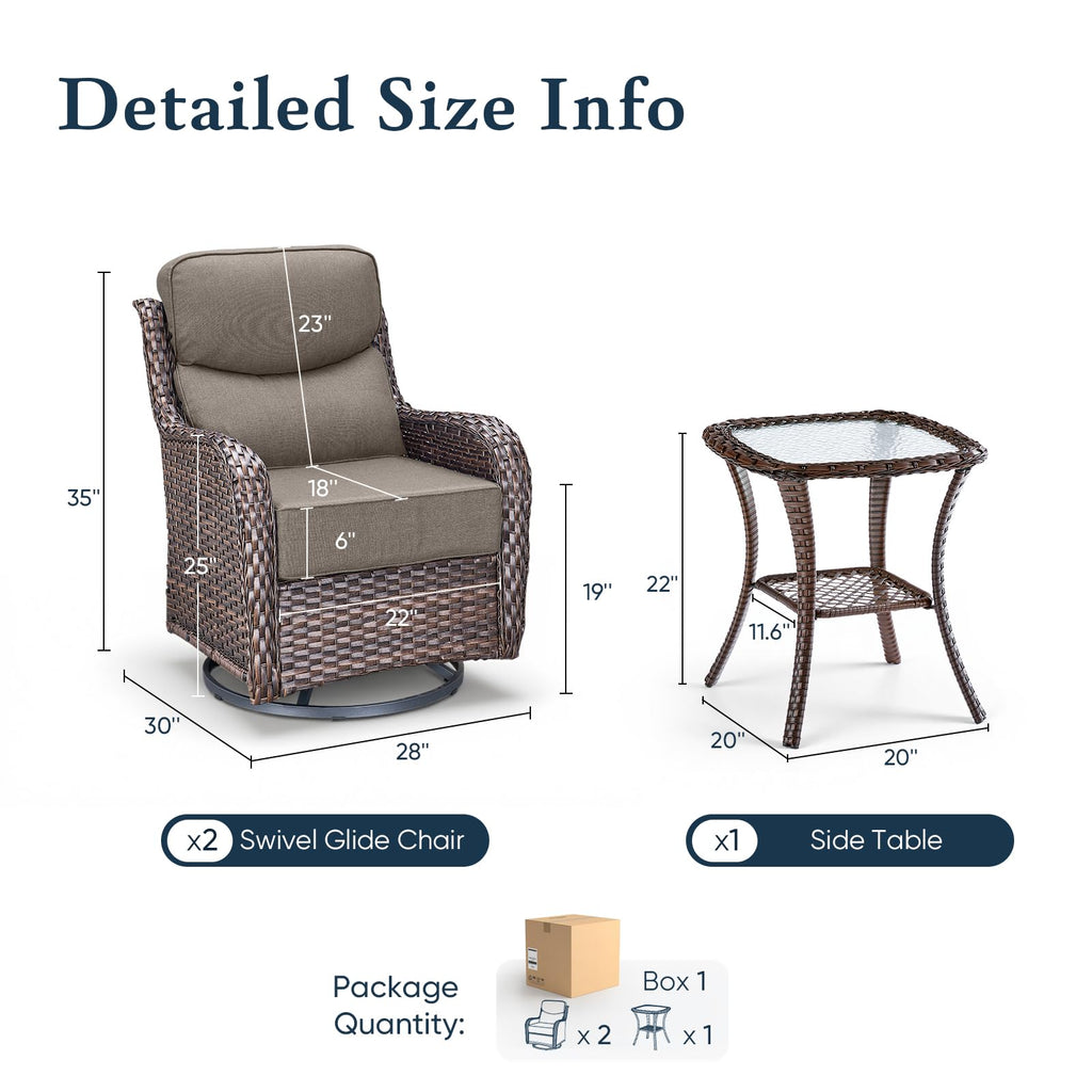Luxury 6" Thick Cushioned Outdoor Swivel Rocker Patio Chairs with Side Table, High Back Wicker Furniture Set with Ergonomic Zone Back, Conversation Glider Set for Deck Porch - Brown+Grey