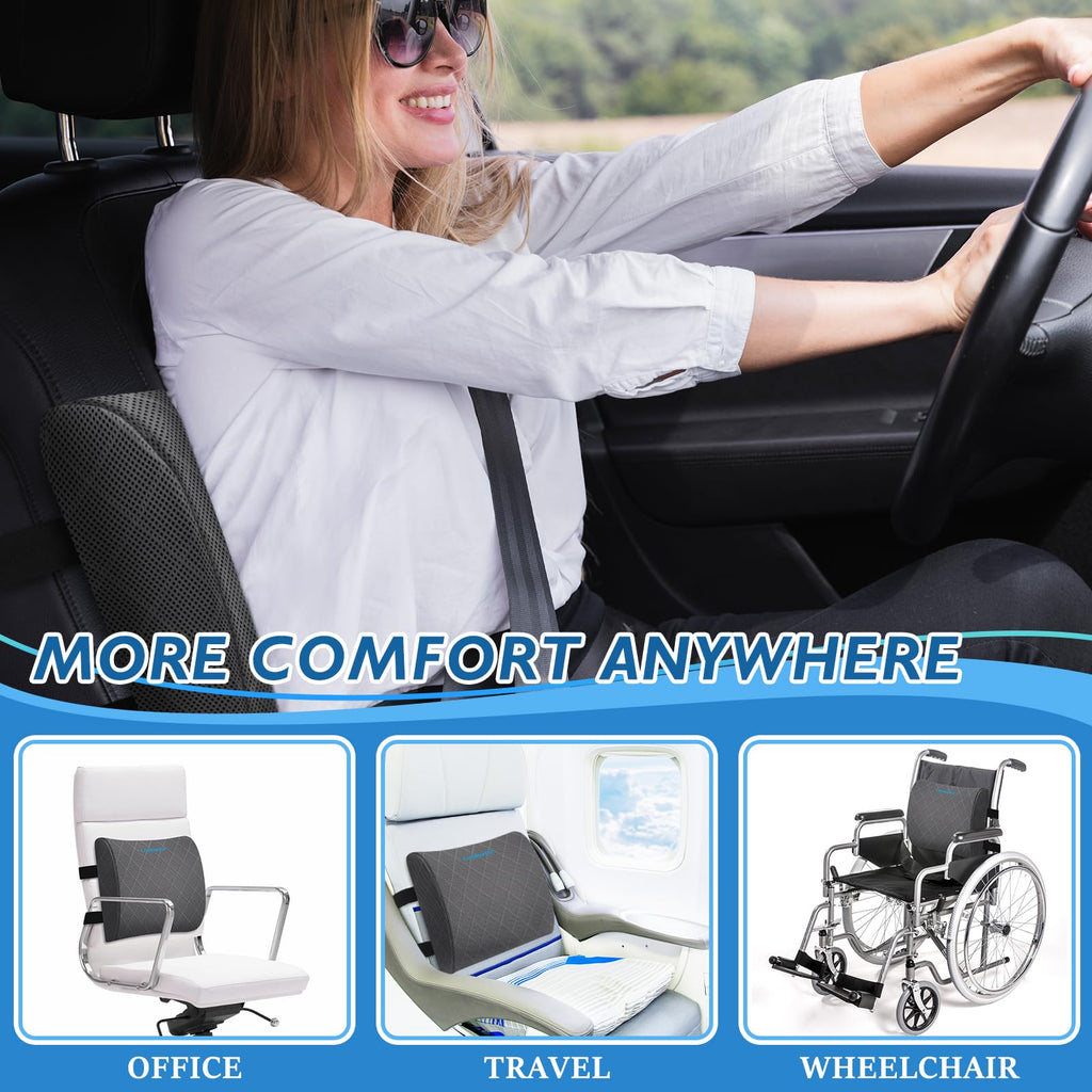 Lumbar Support Pillow for Office Chair Back Support Lumbar Pillow for Car, Gaming, Office Chair - Improve Sitting Posture & Back Pain Relief, Memory Foam, Adjustable Straps, Grey