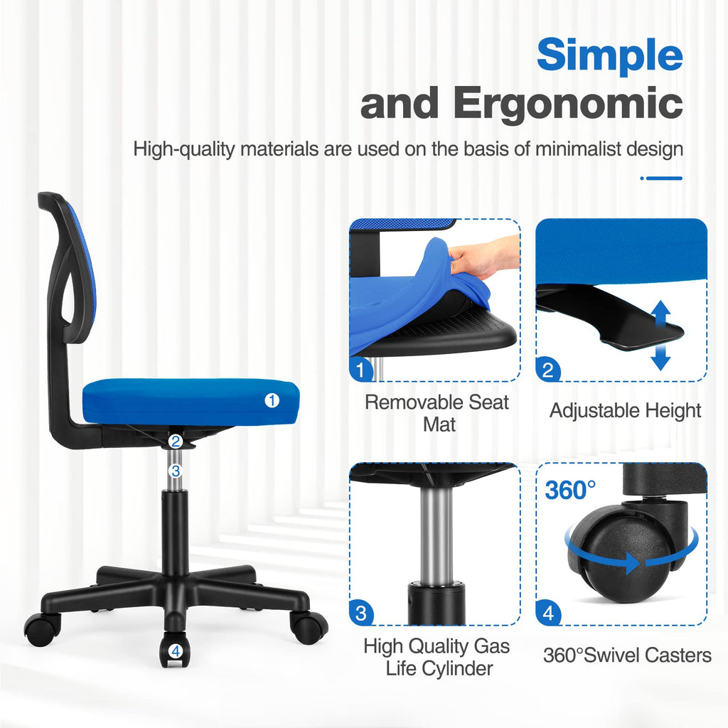 Office Chair, Ergonomic Low-Back Mesh Rolling Work Swivel Chairs with Wheels, Armless Comfortable Seat Lumbar Support for Home, Bedroom, Study, Student, Adults,Classic Blue