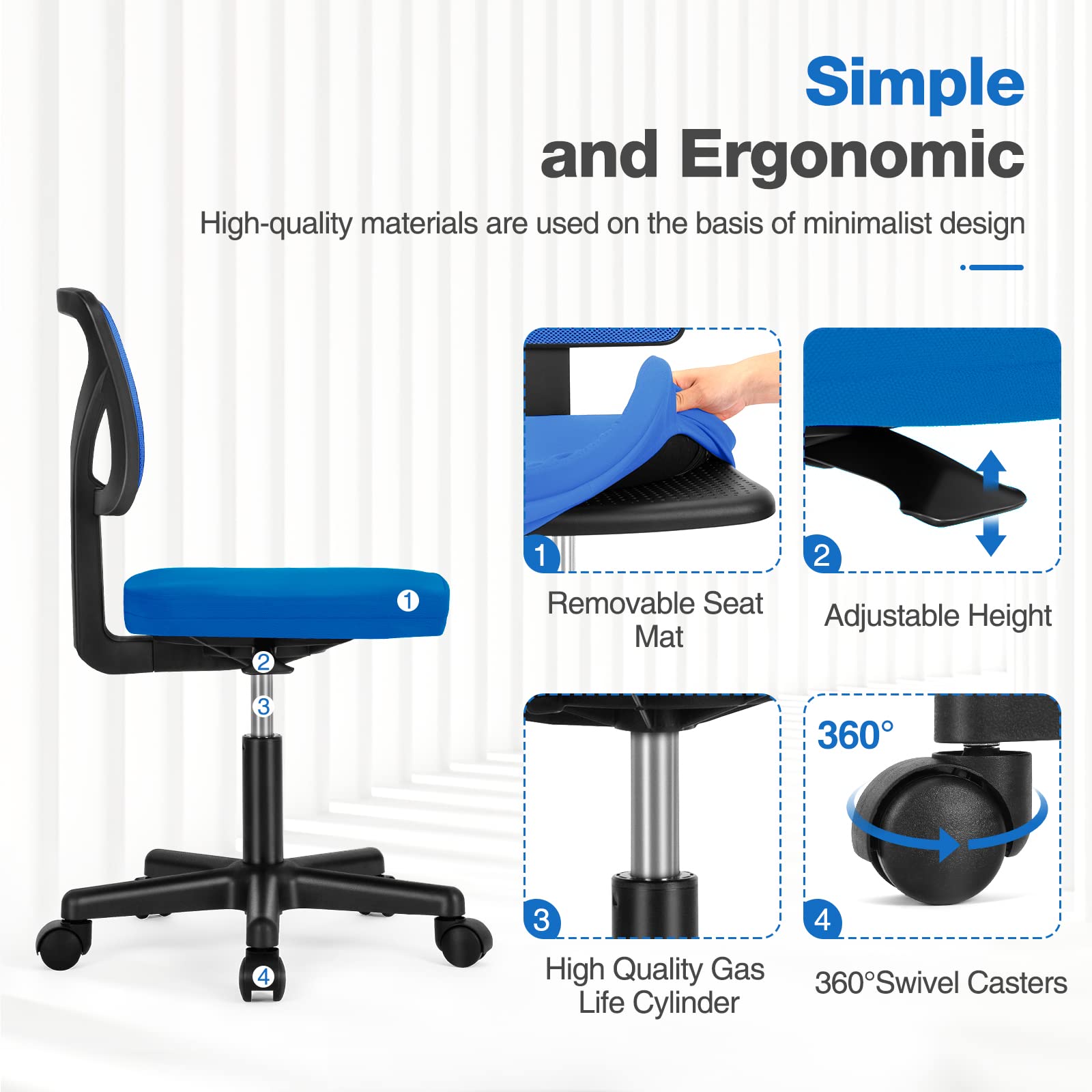 Office Chair, Ergonomic Low-Back Mesh Rolling Work Swivel Chairs with Wheels, Armless Comfortable Seat Lumbar Support for Home, Bedroom, Study, Student, Adults,Classic Blue