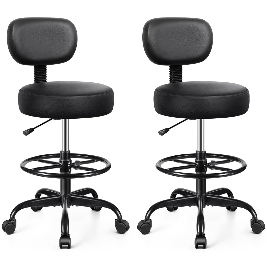 Drafting Chair with Backrest – Adjustable Foot Rest Rolling Stool with Wheels, PU Leather Swivel Stool for Office Spa Studio Lab Counter Salon Home Work Bar Kitchen Shop(Black), Pack of 2