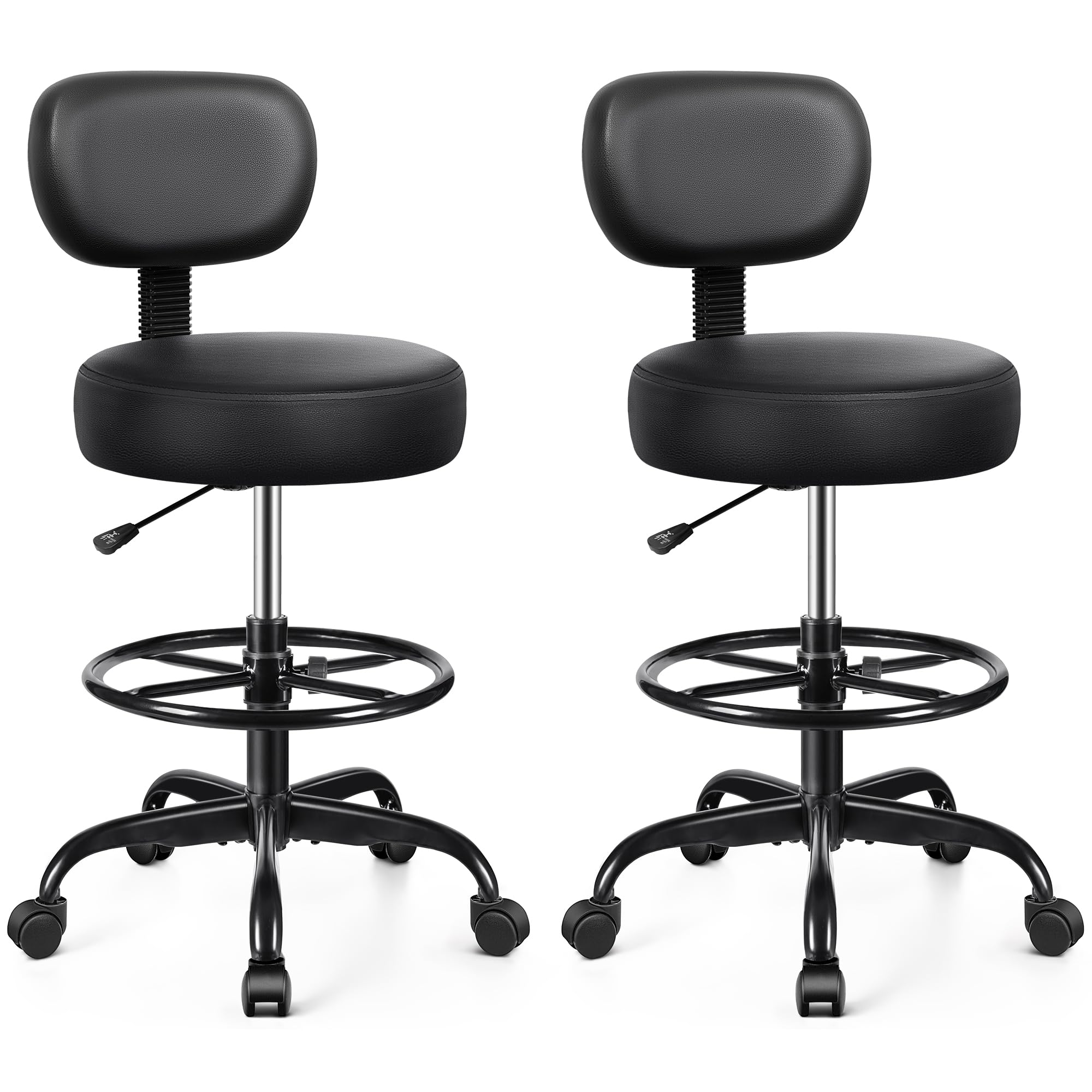 Drafting Chair with Backrest – Adjustable Foot Rest Rolling Stool with Wheels, PU Leather Swivel Stool for Office Spa Studio Lab Counter Salon Home Work Bar Kitchen Shop(Black), Pack of 2