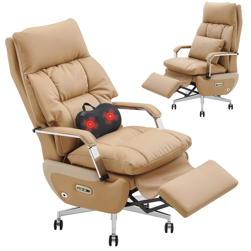 Dual Motor Executive Home Reclining Office Chair with Footrest - One-Click Electric Recline with Massage & Pillow Support Big and Tall PU Leather Ergonomic Desk Chair, High Back Wide Seat (Brown)