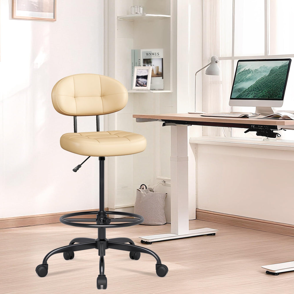Drafting Chair Without Arms, Tall Office Chair with Footrest Ring for Standing Desk, Small Faux Leather Executive Office Chair with Adjustable Height for Bar Lab Counter Height Desk, Khaki