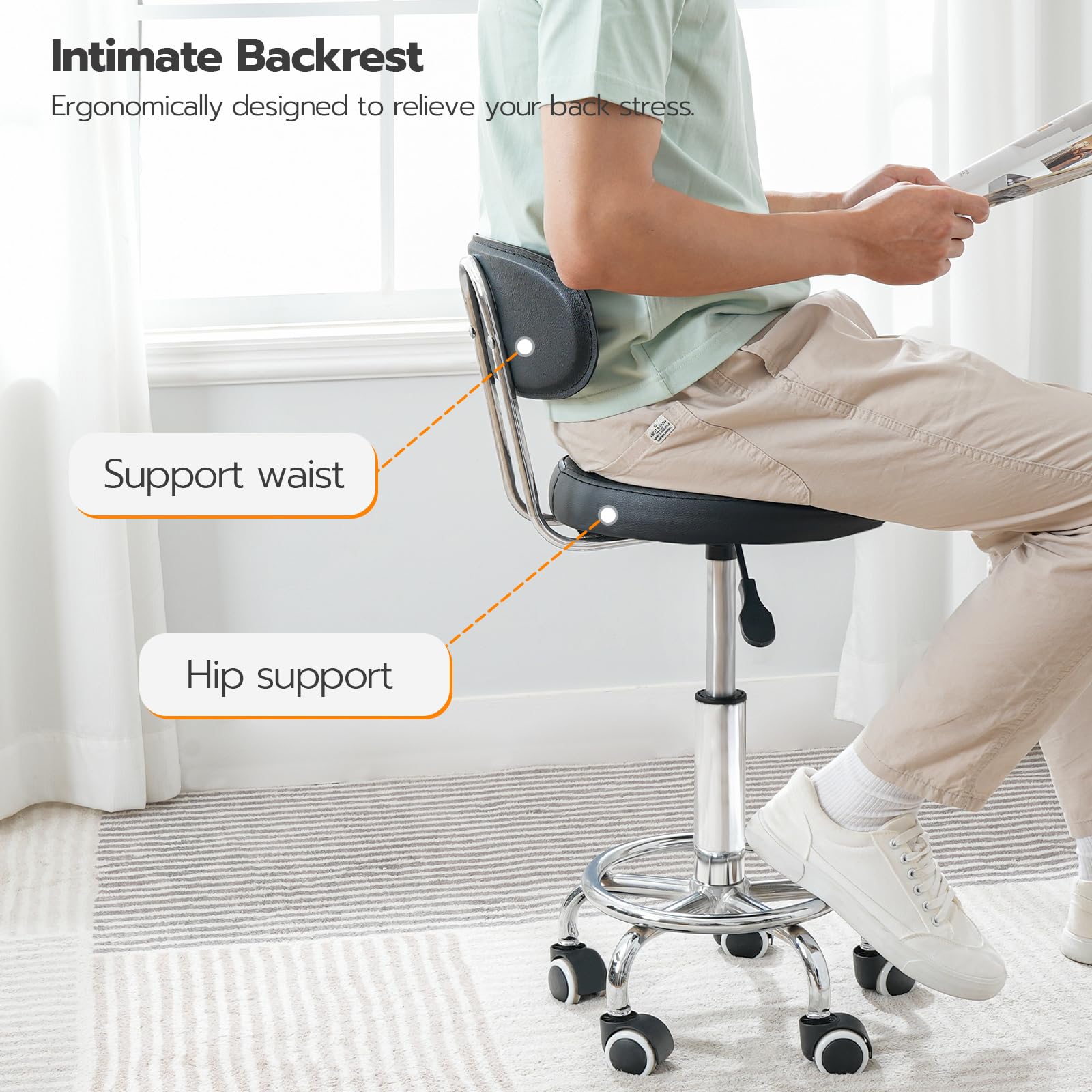 Height Adjustable Rolling Stool, 360° Rotating Drafting Chair, Multi-Purpose Office Desk Chair, Rolling Swivel Salon Stool Chair, for Barber Shop, Nail Salon, Office, Black SB01BY01G1