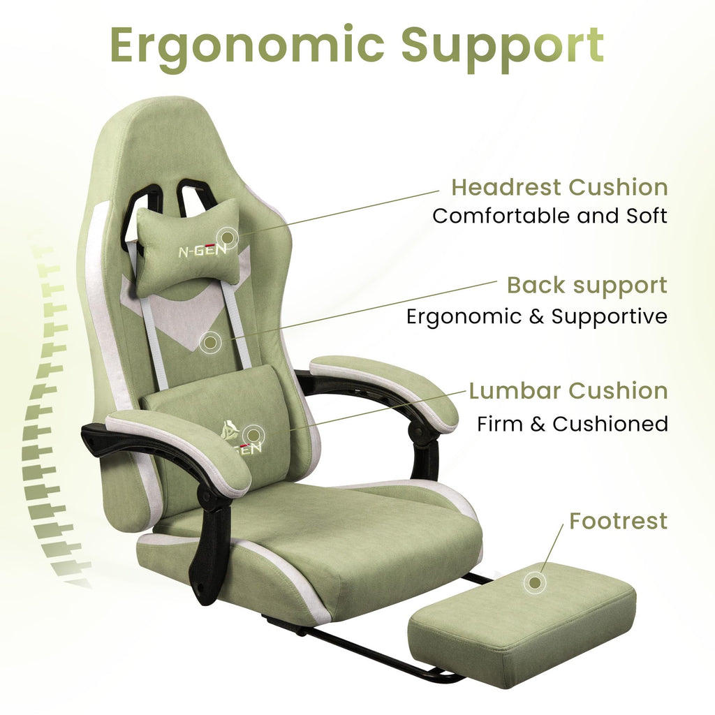 Video Gaming Chair with Footrest Lumbar Support for Home Office High Back Recliner Height Adjustable Ergonomic Comfy Fabric Computer Desk Chair (Green)