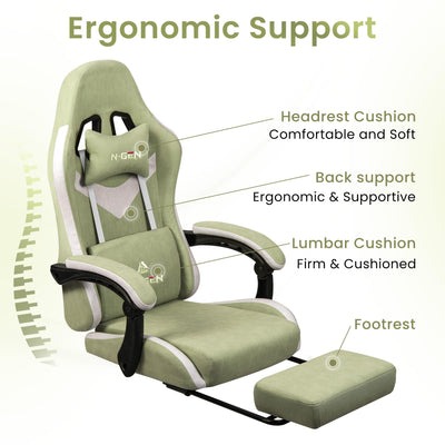 Video Gaming Chair with Footrest Lumbar Support for Home Office High Back Recliner Height Adjustable Ergonomic Comfy Fabric Computer Desk Chair (Green)