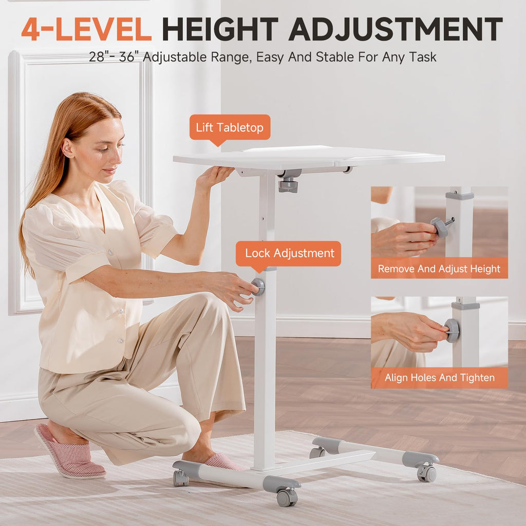 Small Standing Desk, 28 Inches Tiltable Mobile Rolling Laptop PC Table with Lockable Casters, Adjustable Height Overbed Bedside Table Computer Workstation for Home Office, White-Tiltable