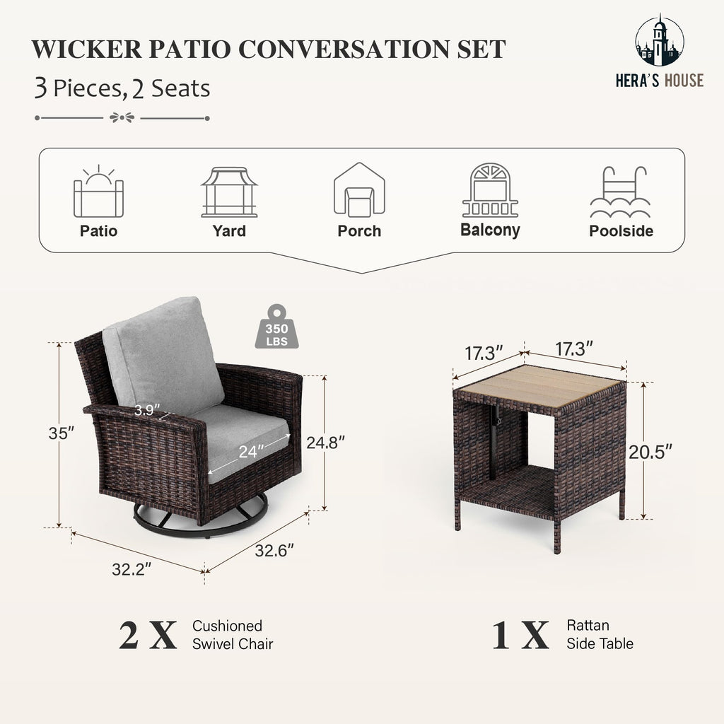 3-Piece Outdoor Patio Furniture, High Back Swivel Chairs Set of 2 with Rattan Table, Brown Wicker Conversation Bistro Set with 5.5” Thick Cushion for Deck Porch Balcony Garden Lawn, Gray