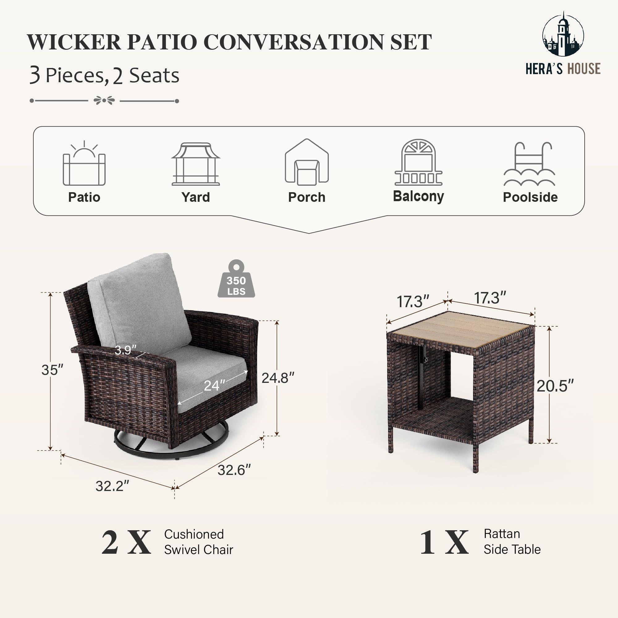 3-Piece Outdoor Patio Furniture, High Back Swivel Chairs Set of 2 with Rattan Table, Brown Wicker Conversation Bistro Set with 5.5” Thick Cushion for Deck Porch Balcony Garden Lawn, Gray