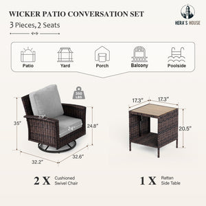 3-Piece Outdoor Patio Furniture, High Back Swivel Chairs Set of 2 with Rattan Table, Brown Wicker Conversation Bistro Set with 5.5” Thick Cushion for Deck Porch Balcony Garden Lawn, Gray