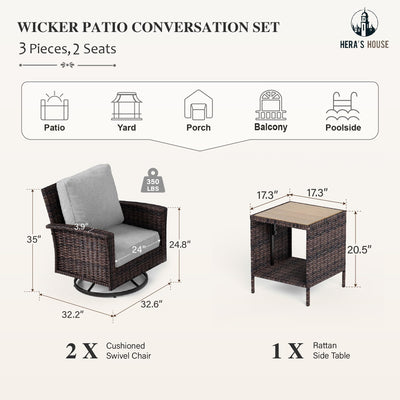 3-Piece Outdoor Patio Furniture, High Back Swivel Chairs Set of 2 with Rattan Table, Brown Wicker Conversation Bistro Set with 5.5” Thick Cushion for Deck Porch Balcony Garden Lawn, Gray