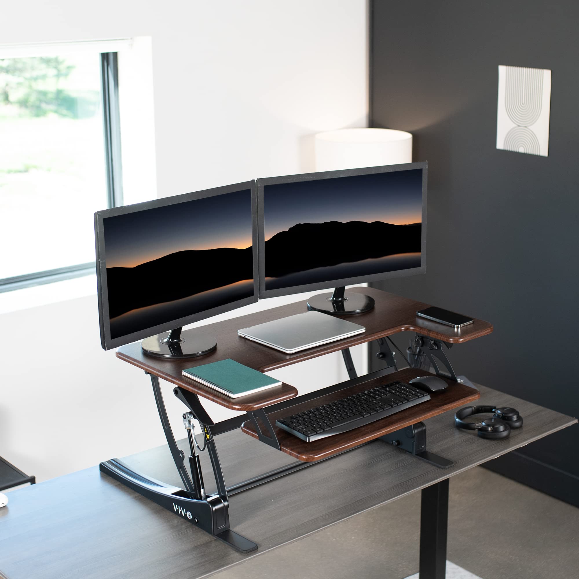36 inch Height Adjustable Stand Up Desk Converter, V Series, Quick Sit to Stand Tabletop Dual Monitor Riser Workstation, Dark Walnut Top, Black Frame, DESK-V000VD