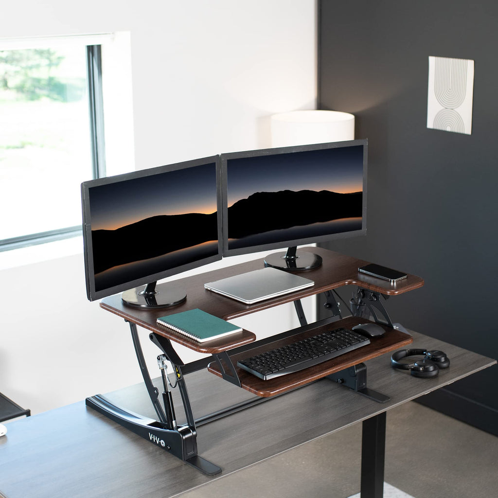 36 inch Height Adjustable Stand Up Desk Converter, V Series, Quick Sit to Stand Tabletop Dual Monitor Riser Workstation, Dark Walnut Top, Black Frame, DESK-V000VD