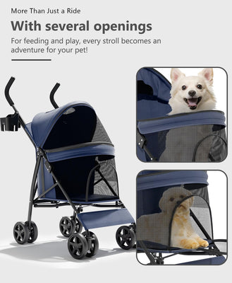 Pet Stroller with 4 Wheels for Small/Medium Pets, Portable Travel Foldable Carrier Jogger for Dog Cat Puppy Kitty, Rear Wheel Breaks, Storage Basket, Visible Mesh Weather Cover (Navy Blue)