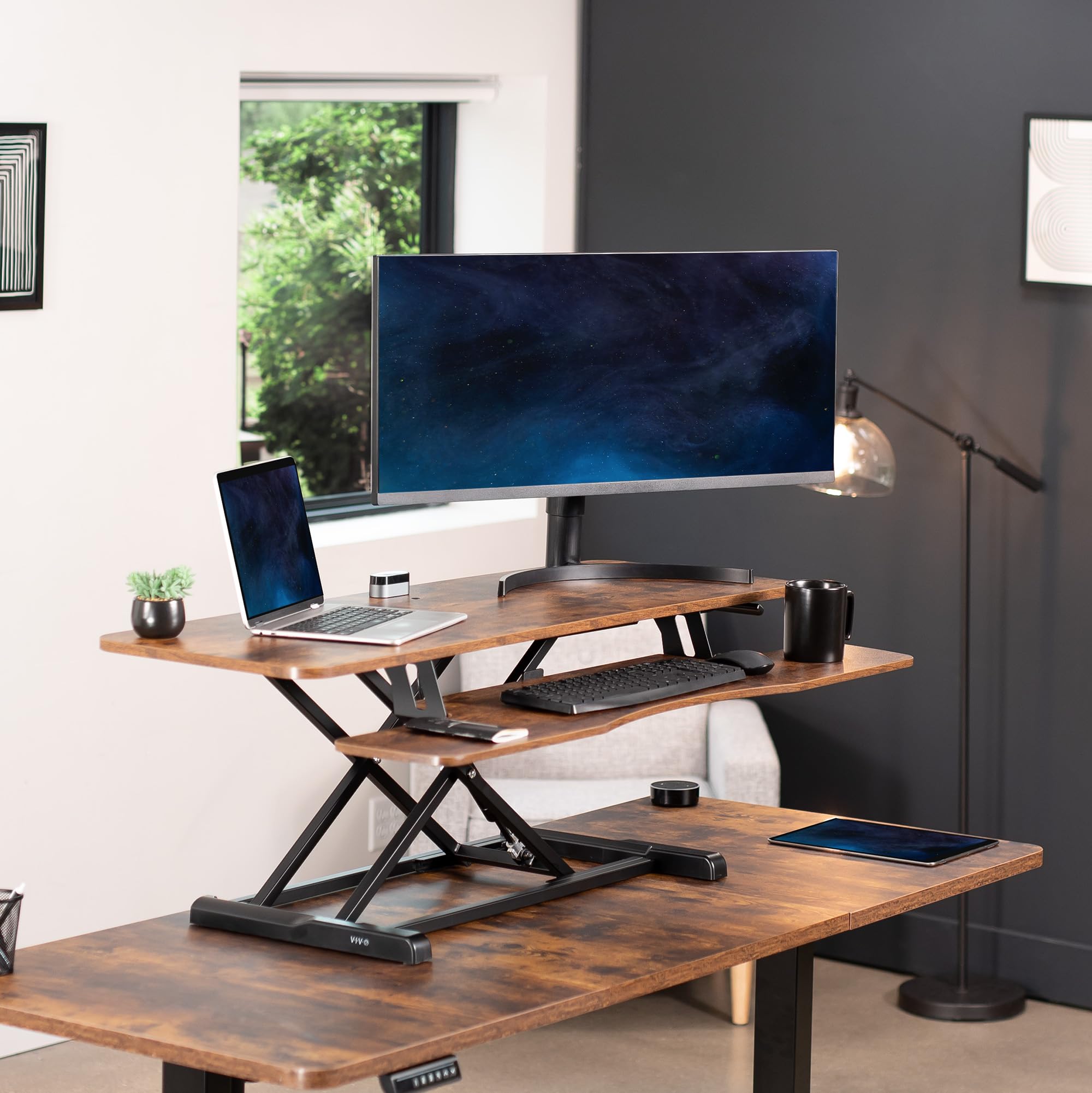 48 inch Desk Converter, K Series, Height Adjustable Sit to Stand Riser, Dual Monitor and Laptop Workstation with Wide Keyboard Tray, Rustic Vintage Brown Top, Black Frame, DESK-V048KN