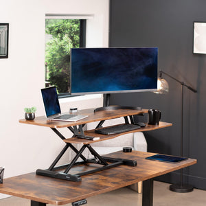 48 inch Desk Converter, K Series, Height Adjustable Sit to Stand Riser, Dual Monitor and Laptop Workstation with Wide Keyboard Tray, Rustic Vintage Brown Top, Black Frame, DESK-V048KN