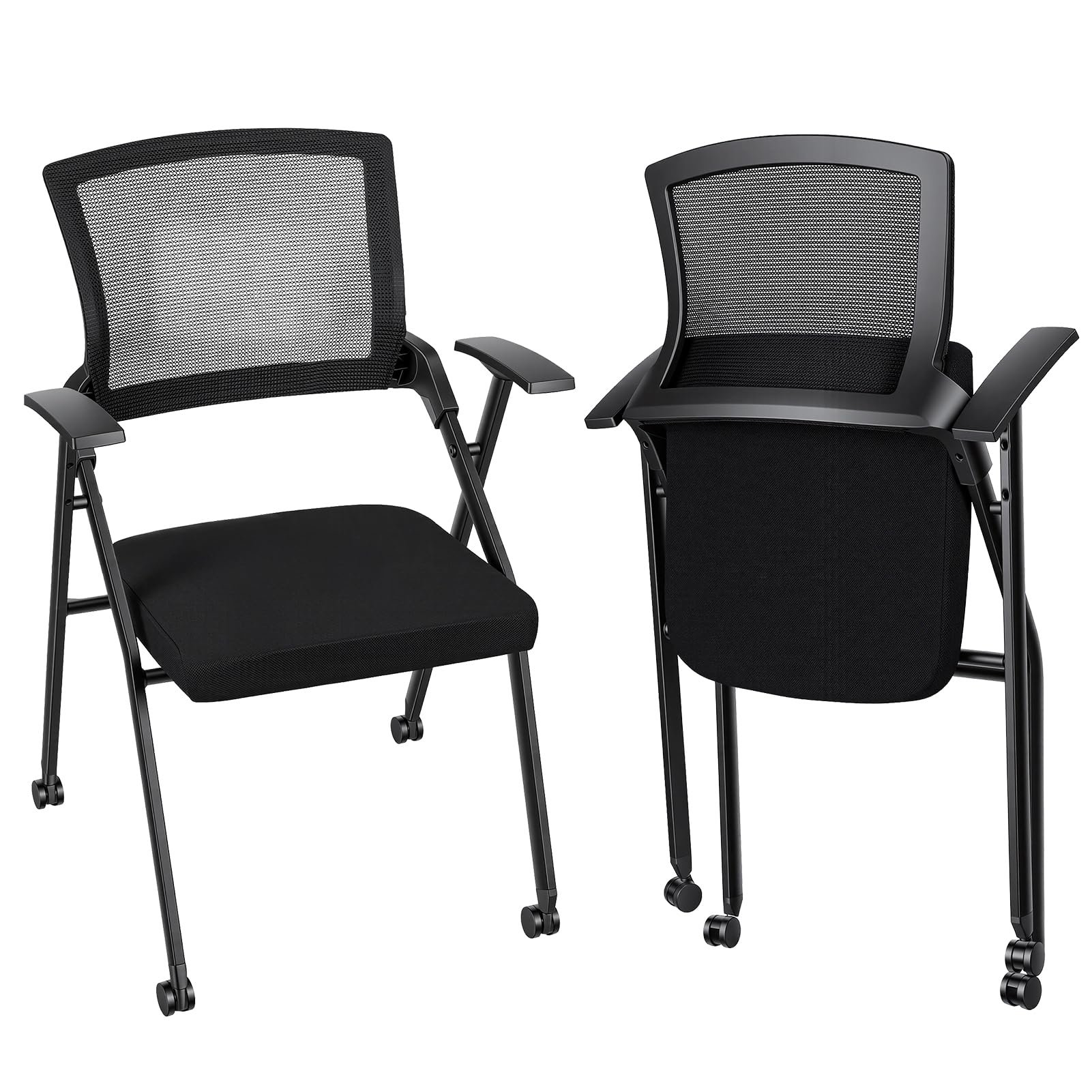 Ergonomic Foldable Office Chair with Breathable Mesh Back, Stackable Conference Chair - PU Wheels & Armrest for Guest, Meeting, Reception (Black)