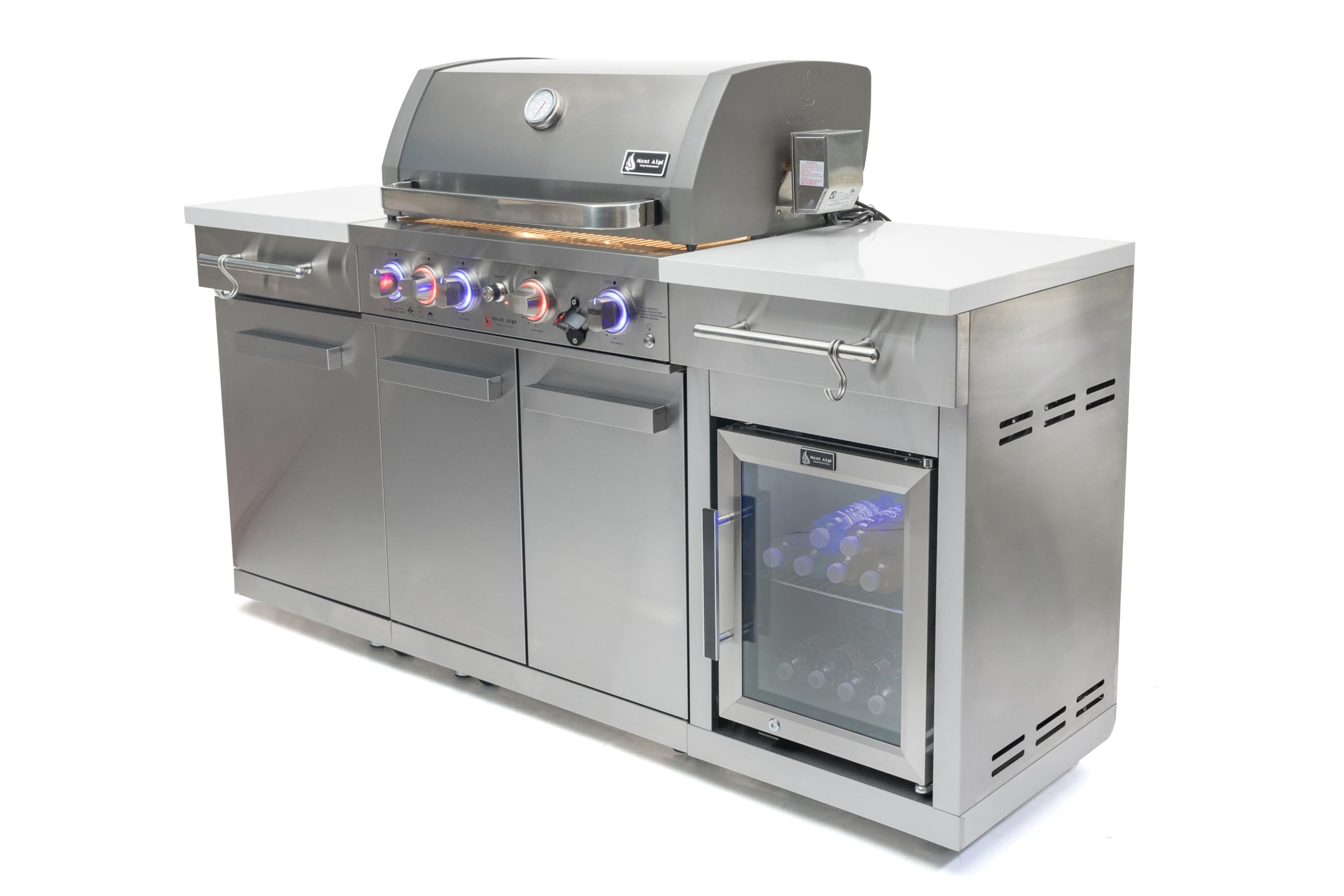 Premium 70"W x 24"D Stainless Steel Compact Outdoor Kitchen Island with Refrigerator + 32"W 4-Burner BBQ Grill with Infrared Rotisserie Burner + Storage Cabinets + White Granite Countertops