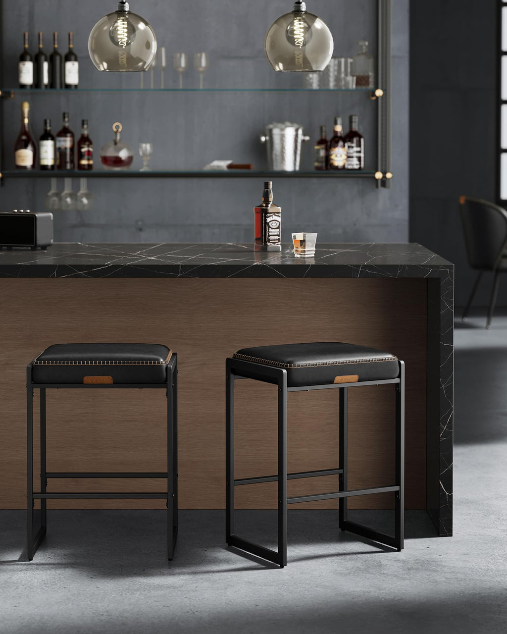 Bar Stools Set of 2, Counter Height Bar Stools, Synthetic Leather with Stitching, Mid-Century Modern Counter Stools, 26-Inch Tall, Kichen Home Bar Dining Room, Ink Black
