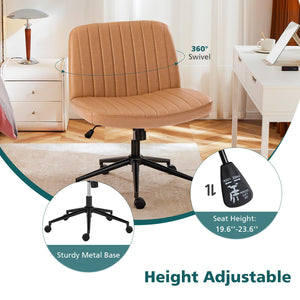 Criss Cross Chair with Wheels Wide Cross Legged Office Desk Vanity Chair Comfy Fabric Armless Adjustable Swivel for Home Computer Task PU Brown