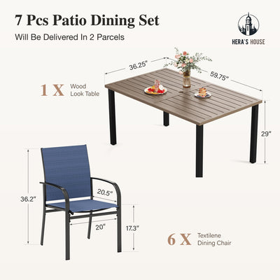 Patio Table and Chairs for 6, 7 Pieces Outdoor Deck Dining Sets, Wood-Like Rectangular Metal Table Set with Chairs for Lawn Garden Backyard, Blue