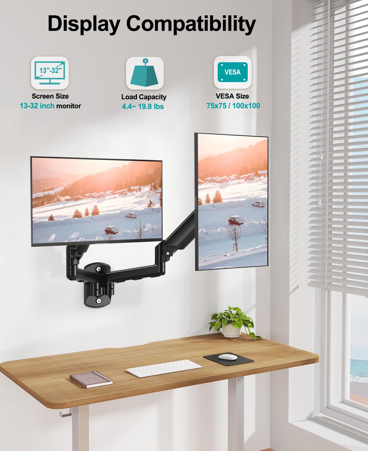 Dual Monitor Wall Mount for 2 Computer Screen up to 32 Inch, Gas Spring Double Monitor Arm Holds Up to 17.6lbs Each, Full Motion Adjustable Wall Monitor Mount, VESA Mount 75x75/100x100