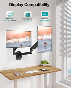 Dual Monitor Wall Mount for 2 Computer Screen up to 32 Inch, Gas Spring Double Monitor Arm Holds Up to 17.6lbs Each, Full Motion Adjustable Wall Monitor Mount, VESA Mount 75x75/100x100